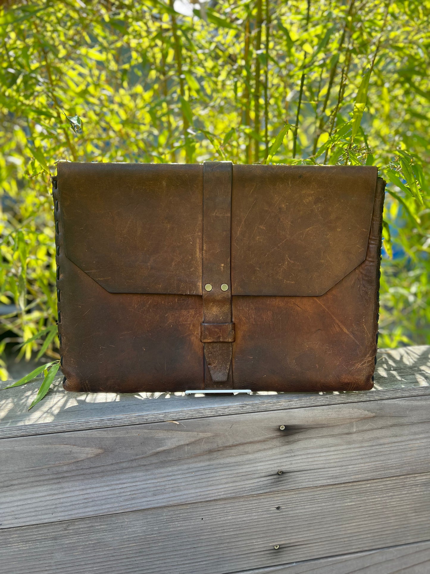 Vintage 70’s Large Handmade Leather Portfolio Briefcase Brass Hardware Beautiful Patina