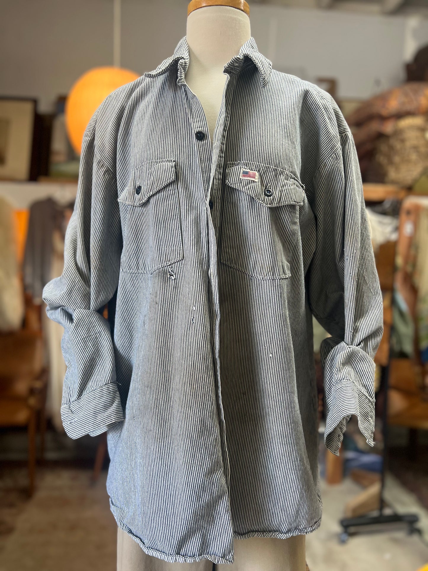 Vintage Heavily Distressed Hickory Stripe Work Shirt XL/XXL