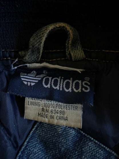 Vintage 80’s Adidas X Yankees Distressed Denim Varsity Jacket XL