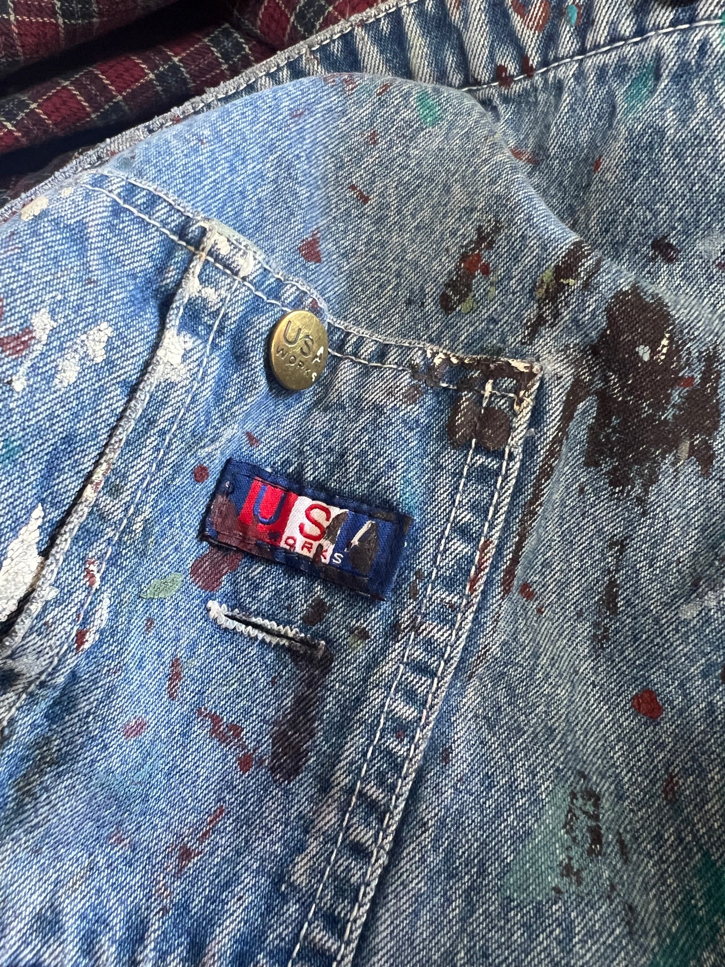 Vintage USA Works One Of A Kind Flannel Lined Distressed Painted Oversized Overalls