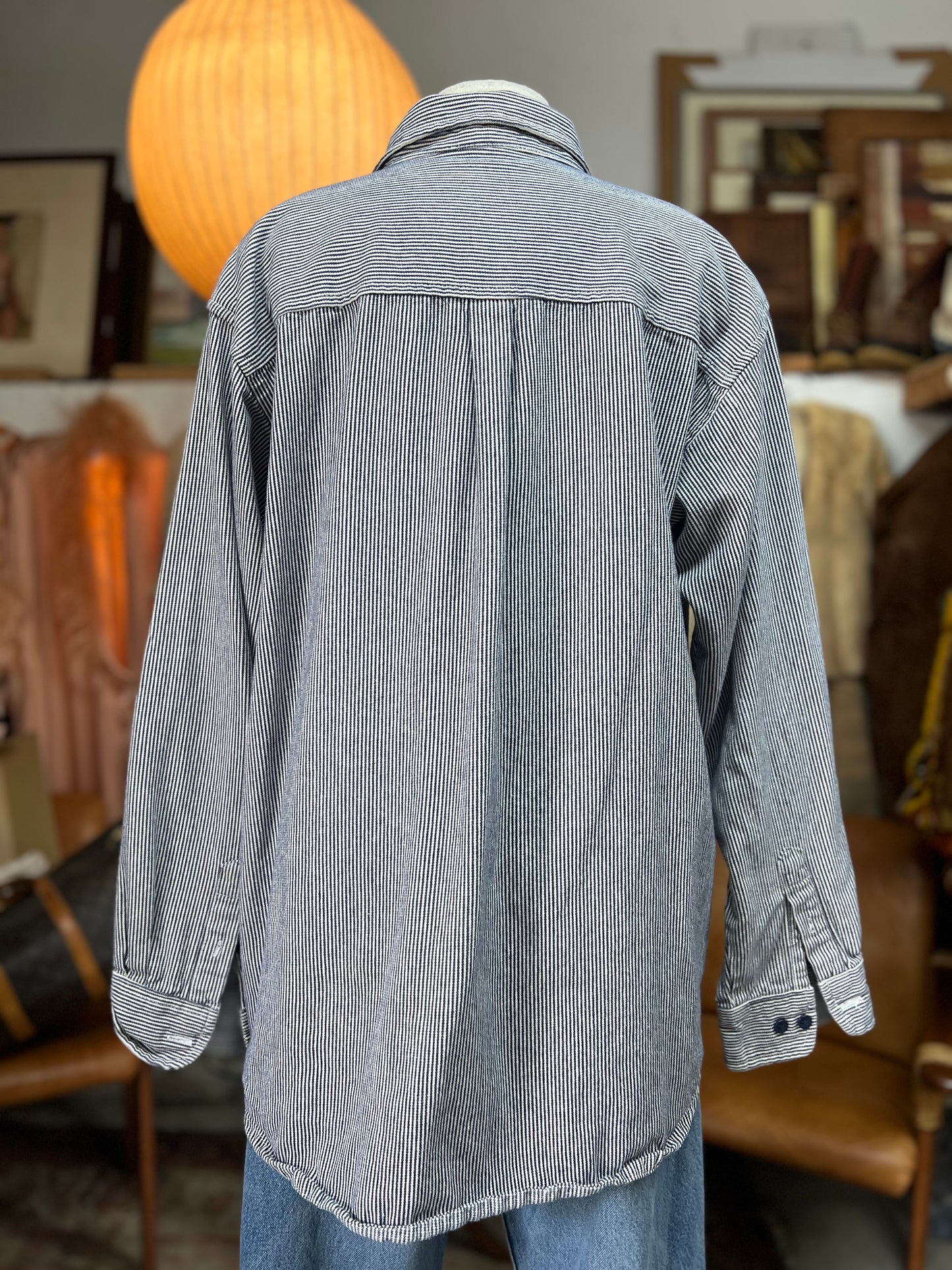 Vintage 90’s Denim Railroad Stripe Zip Front Work Shirt XL