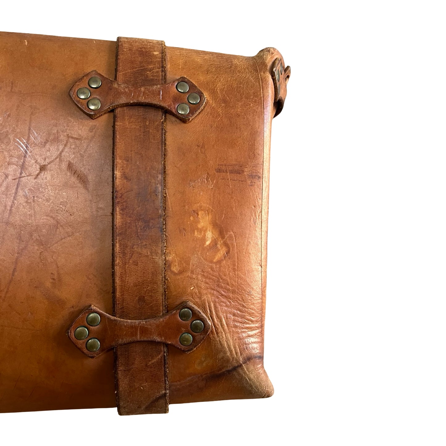Vintage 70’s Handmade Tooled Leather Messenger Briefcase Brass Hardware