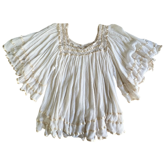 Vintage 70’s Angel Sleeve Ribbon Trim Gauze Top