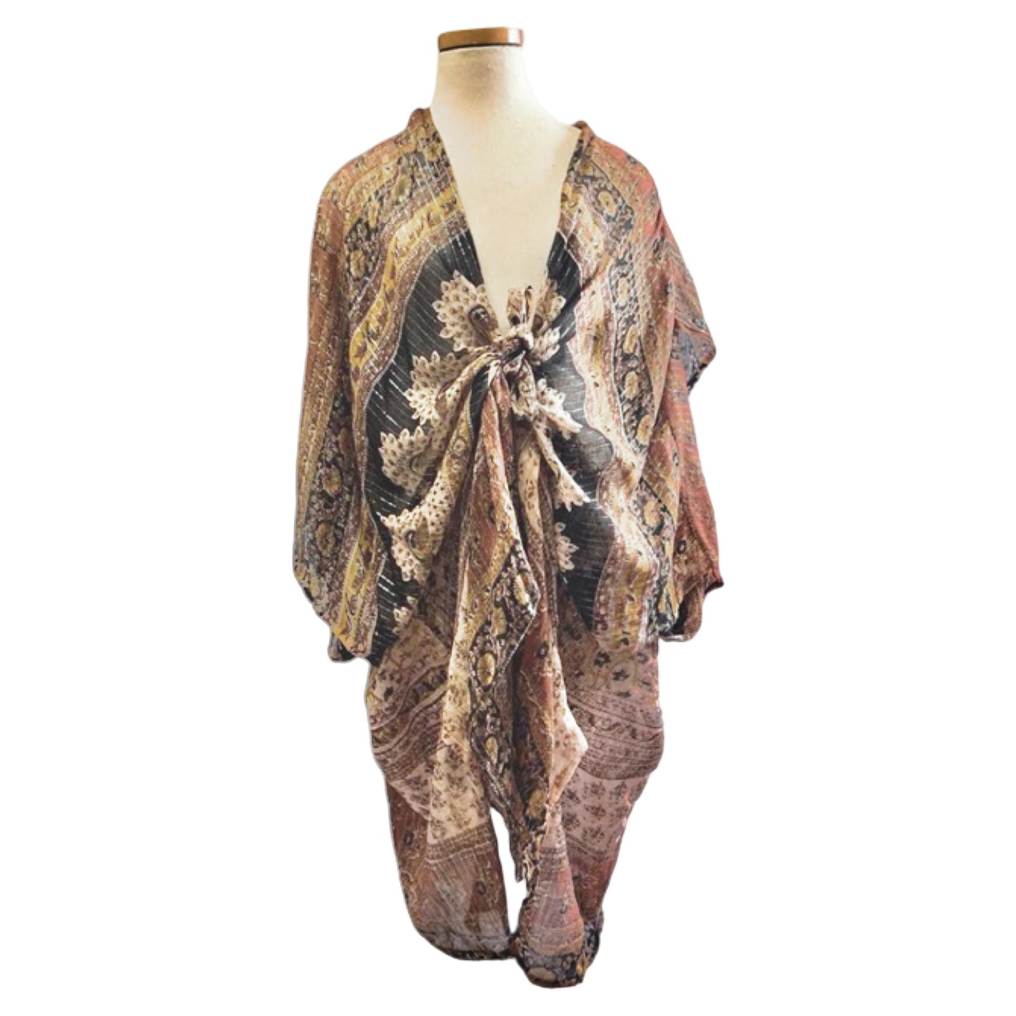 Vintage India Gauze Reworked Kimono Cape Silver Lurex O/S
