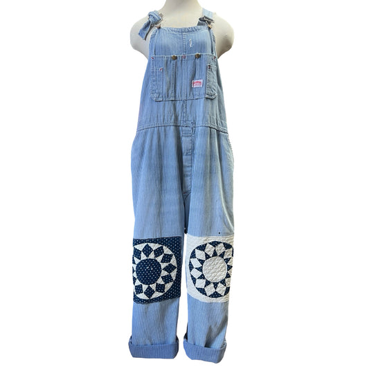 Vintage Round House Engineer Striped Overalls a/ Quilt Square Knee Patches