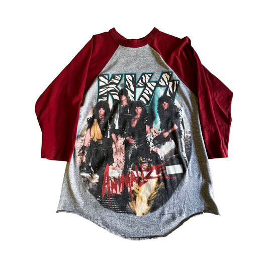 Vintage Rare Kiss Animalize Tour 84’-85’ Single Stitch Baseball Raglan Band Tee Raw Hem M