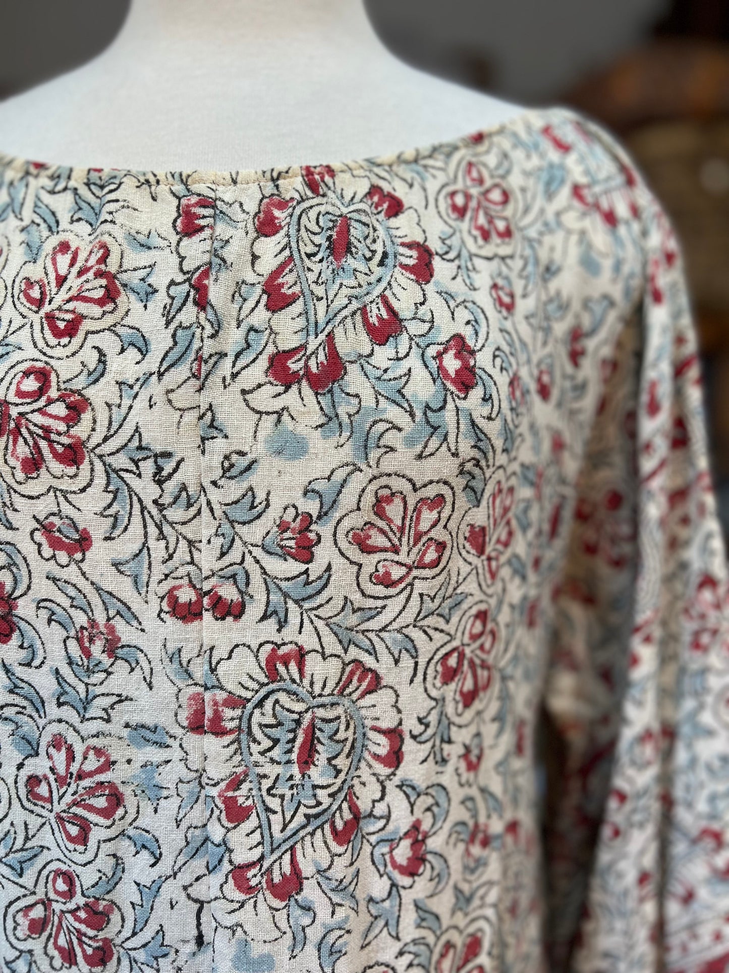 Vintage 70’s Handmade India Cotton Block Print Bohemian Midi Dress Kimono Sleeves
