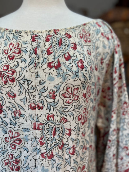 Vintage 70’s Handmade India Cotton Block Print Bohemian Midi Dress Kimono Sleeves