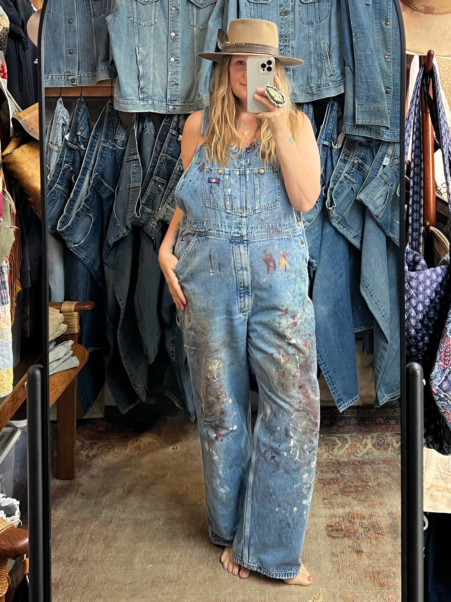 Vintage USA Works One Of A Kind Flannel Lined Distressed Painted Oversized Overalls