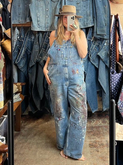 Vintage USA Works One Of A Kind Flannel Lined Distressed Painted Oversized Overalls