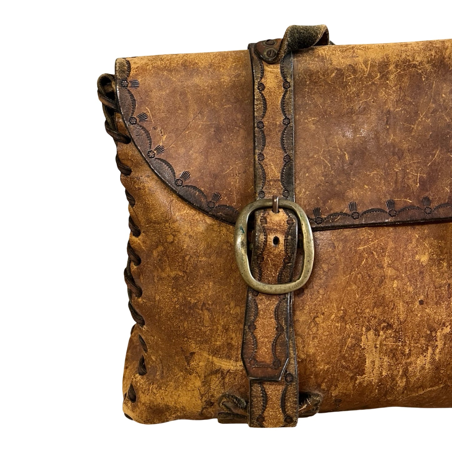 Vintage 70’s Large Handmade Tooled Leather Satchel Brass Hardware