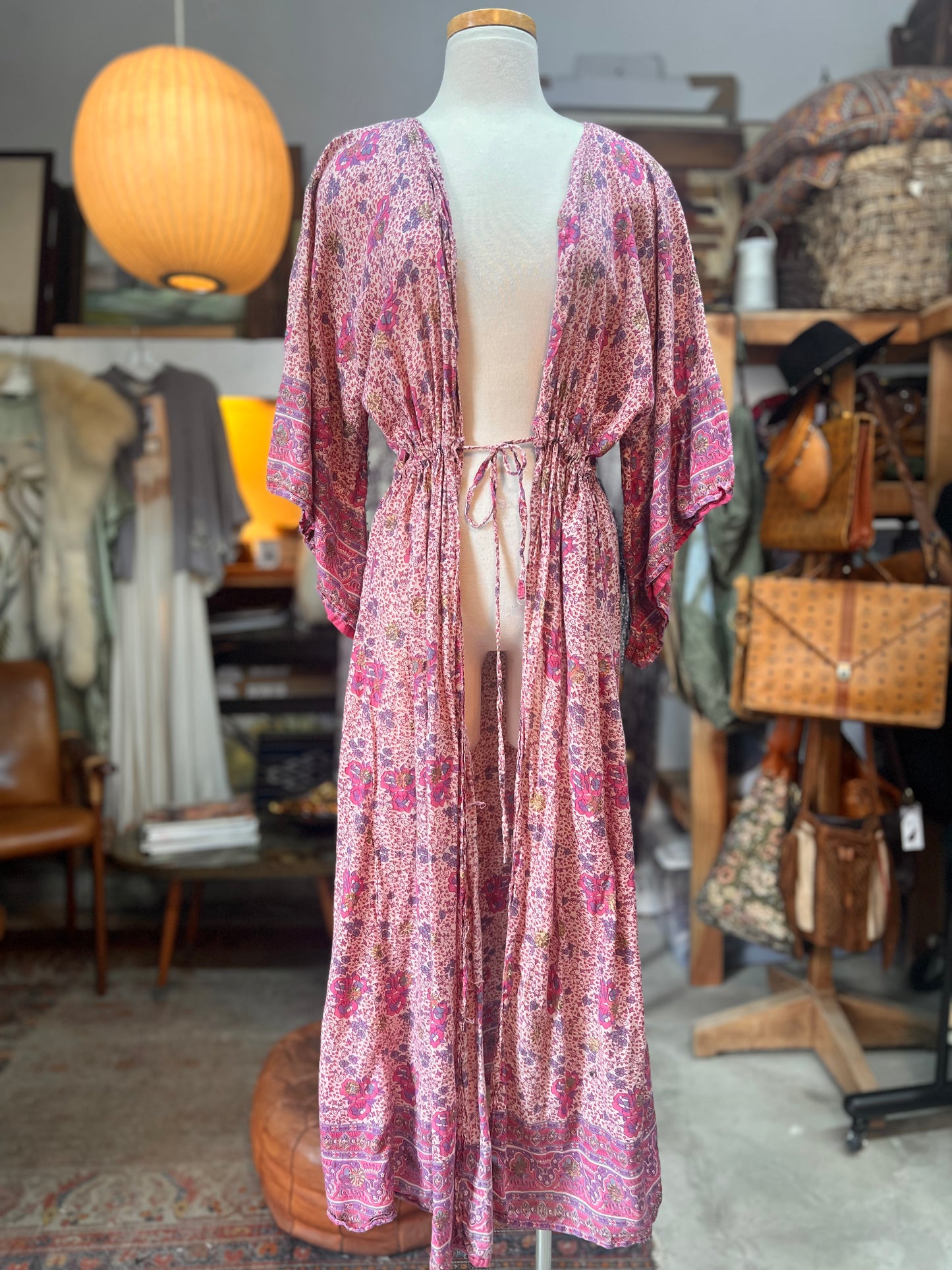 Rare Vintage 70’s Block Print Tie Waist Kimono Robe XL