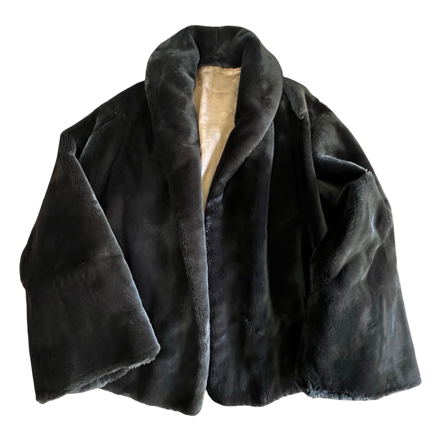 Vintage Shawl Collar Bell Sleeve Silk Lined Faux Fur Jacket O/S