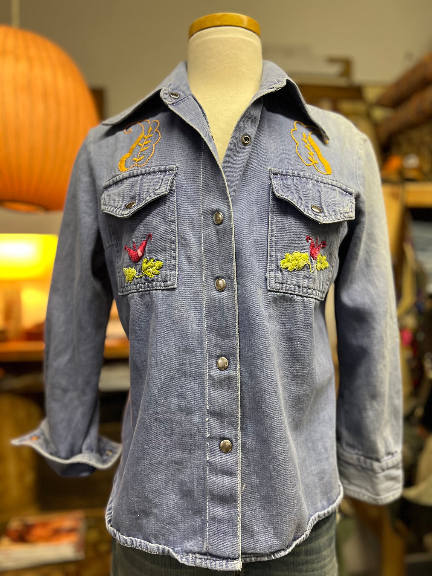 Vintage Rare 70’s KMart Hippie Denim Embroidered Metal Snap Front Shirt One Of A Kind Bohemian Treasure!