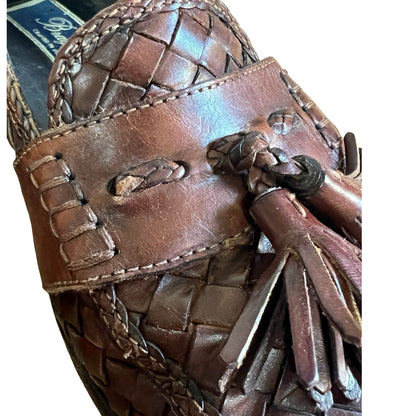 Vintage Bragano Distressed Woven Leather Tassel Loafers Made In Italy Men’s 7.5