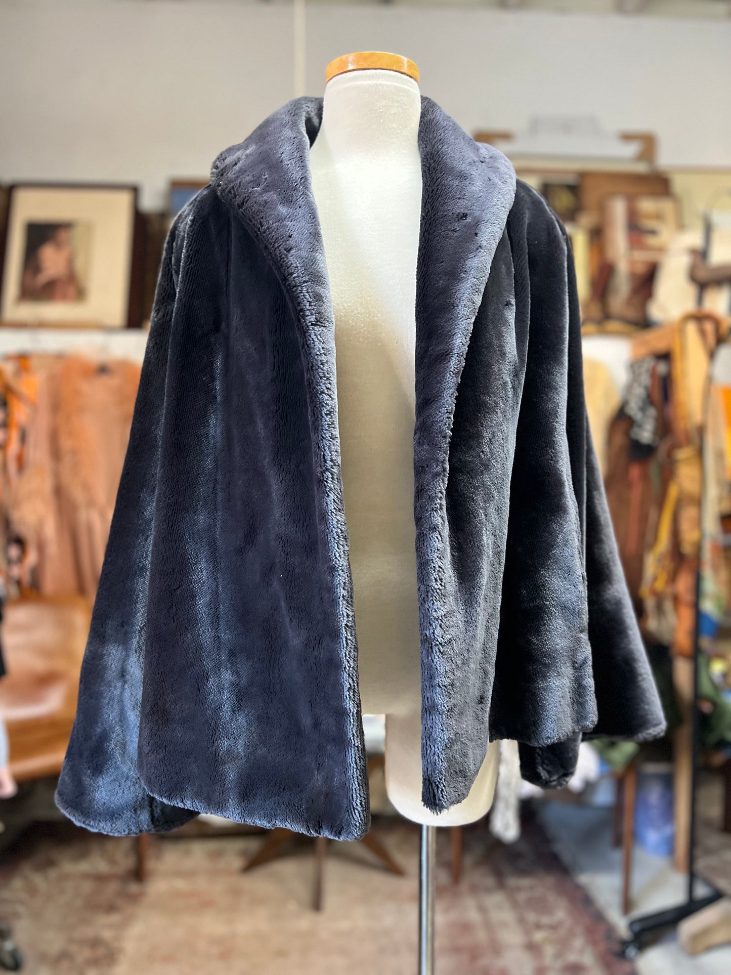 Vintage Shawl Collar Bell Sleeve Silk Lined Faux Fur Jacket O/S