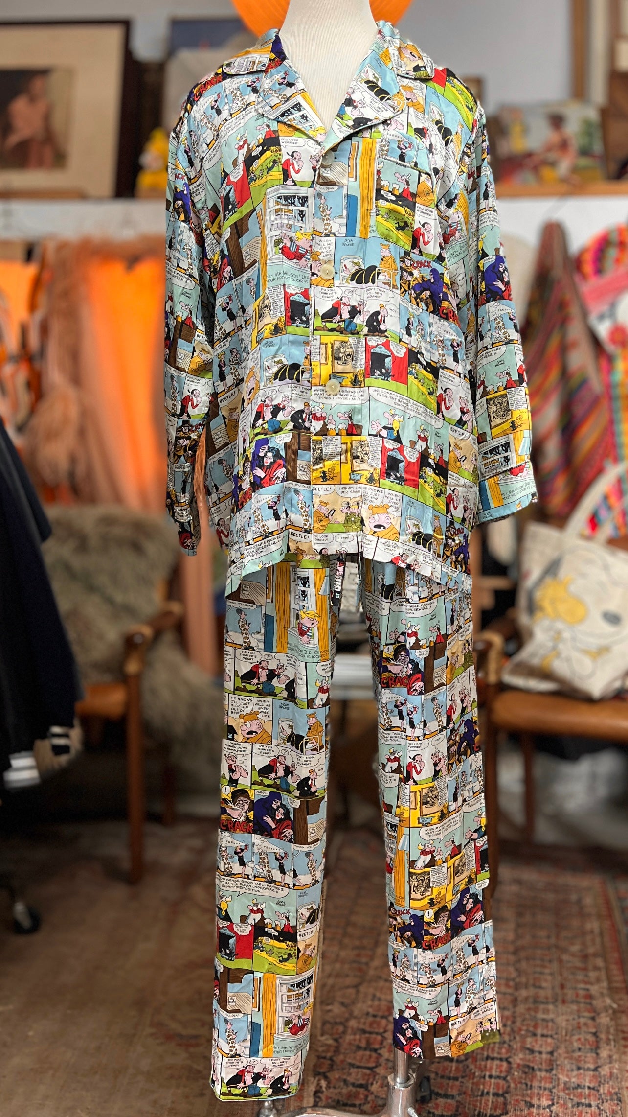 RARE SET Vintage Universal Studios Sunday Comic Silk Mens Pajamas L