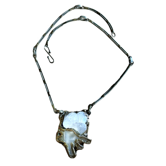 Vintage Modernist Brutalist Crystal Brass Silver Statement Necklace