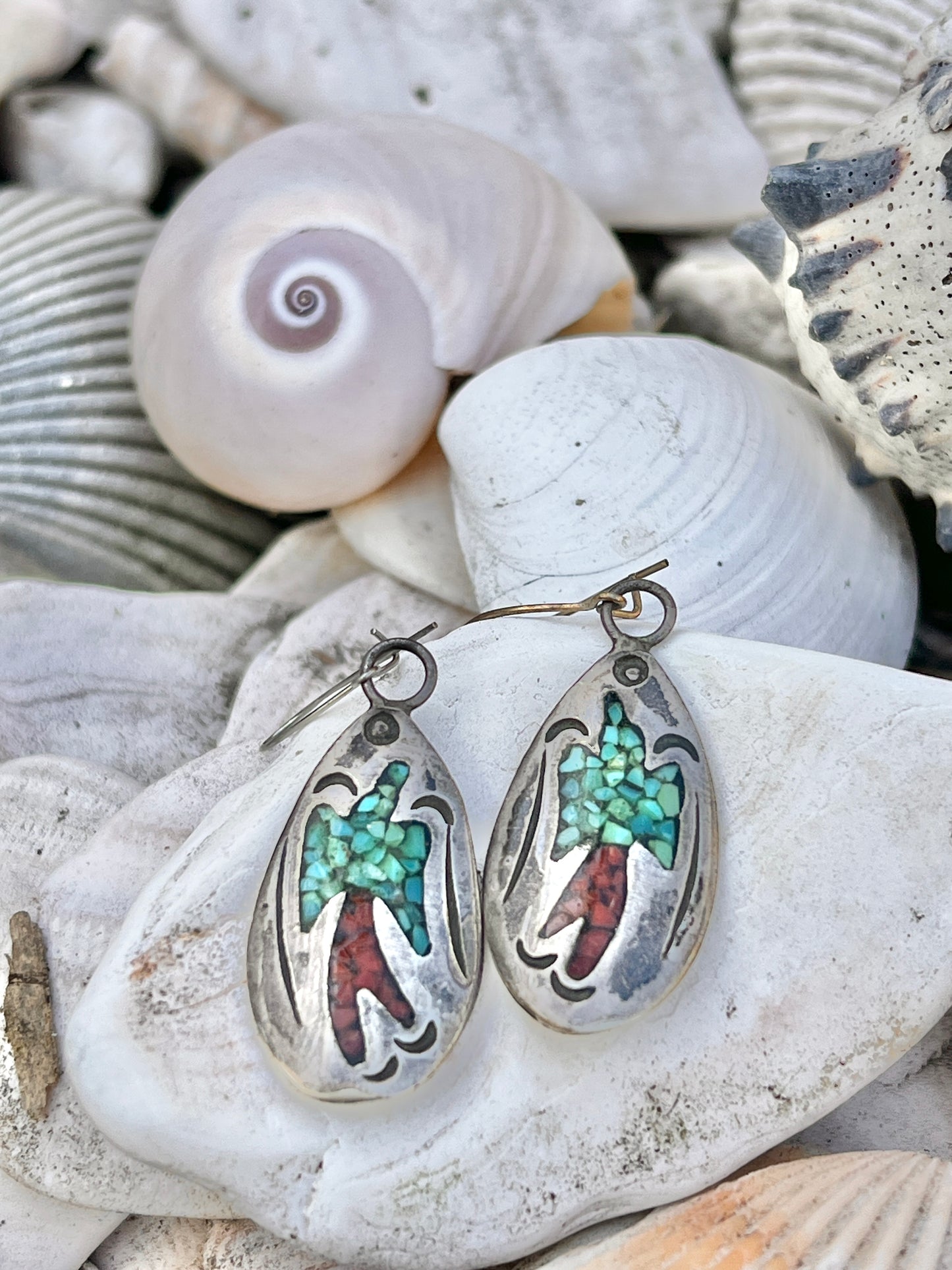 Vintage 1970’s Willie Nezzie Navajo Signed Sterling Inlay Peyote Bird Earrings
