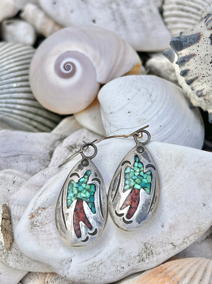 Vintage 1970’s Willie Nezzie Navajo Signed Sterling Inlay Peyote Bird Earrings