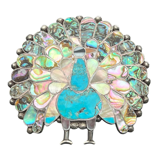 Stunning Vintage Navajo Sterling Silver Abalone MoP Turquoise Peacock Brooch/Pendant
