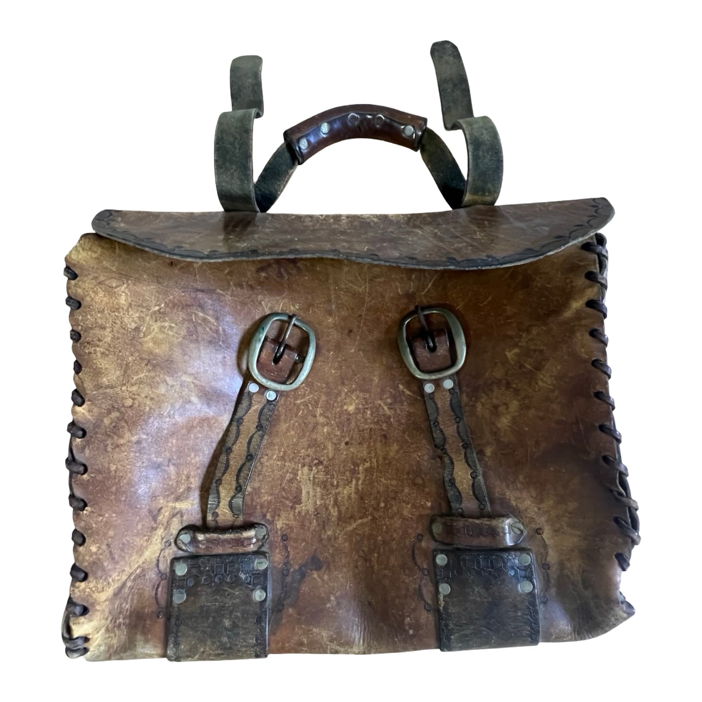 Vintage 70’s Large Handmade Tooled Leather Satchel Brass Hardware