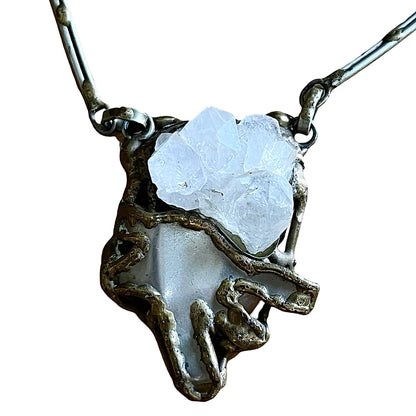 Vintage Modernist Brutalist Crystal Brass Silver Statement Necklace
