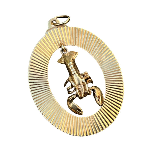 RARE Vintage 14K Articulated Lobster in Engine Turned Frame Pendant