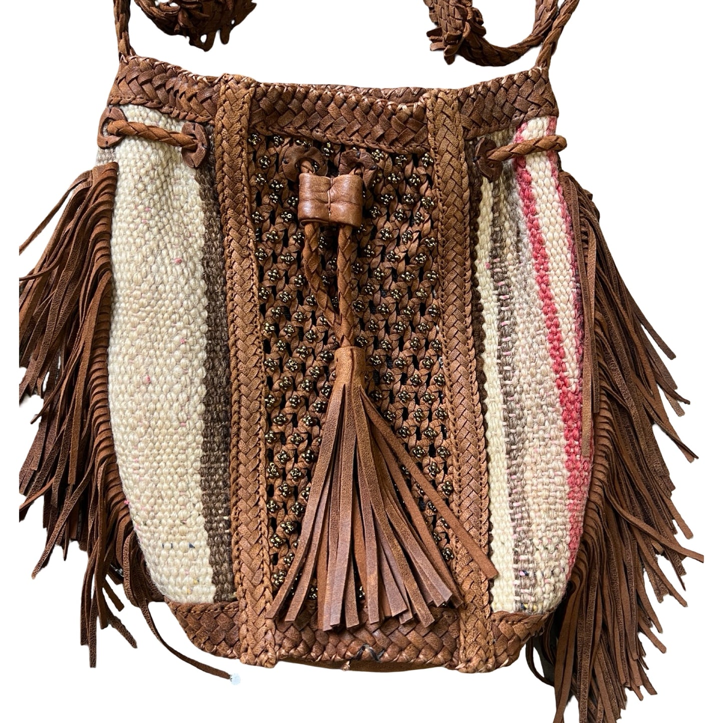 RARE Early Enshalla One Of A Kind Beaded Leather, Textile & Fringe Braided Strap Crossbody Bag