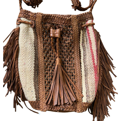 RARE Early Enshalla One Of A Kind Beaded Leather, Textile & Fringe Braided Strap Crossbody Bag