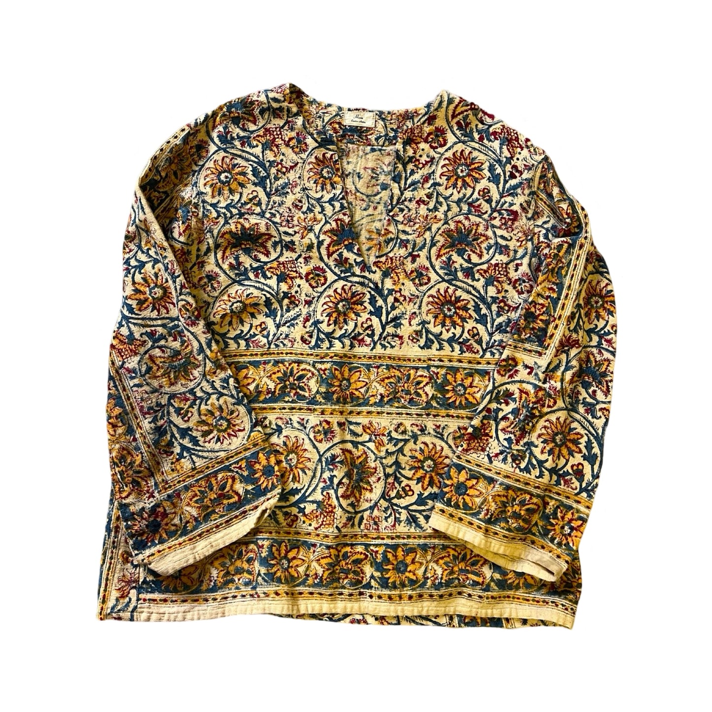 Vintage 70’s Men’s Block Print Bell Sleeve Tunic Cotton Gauze Bohemian L