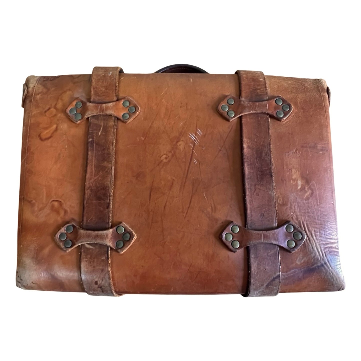 Vintage 70’s Handmade Tooled Leather Messenger Briefcase Brass Hardware