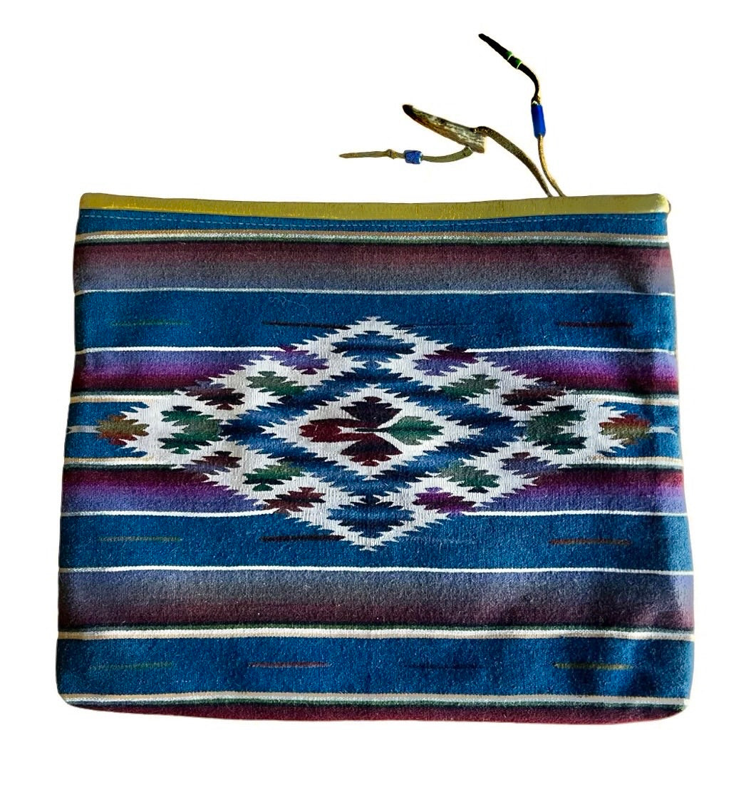 Huge Clutch Portfolio Vintage Serape and Reclaimed Leather Vintage Bead & Antler Zipper Charm