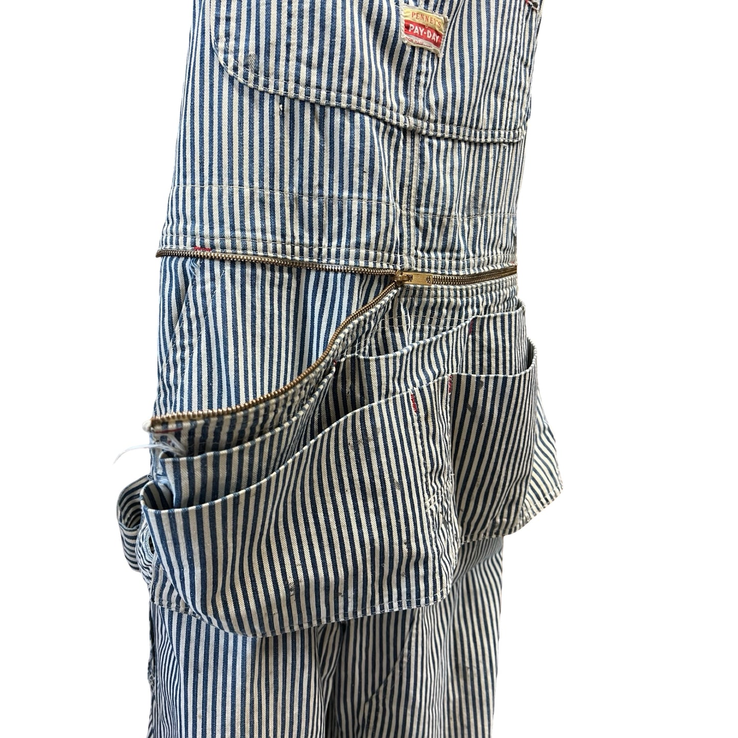Very Rare Vintage 1940’s/50's Distressed Pay Day Square Bak Union Made Sanforized Sail Cloth Hickory Striped Apron Bib Overalls