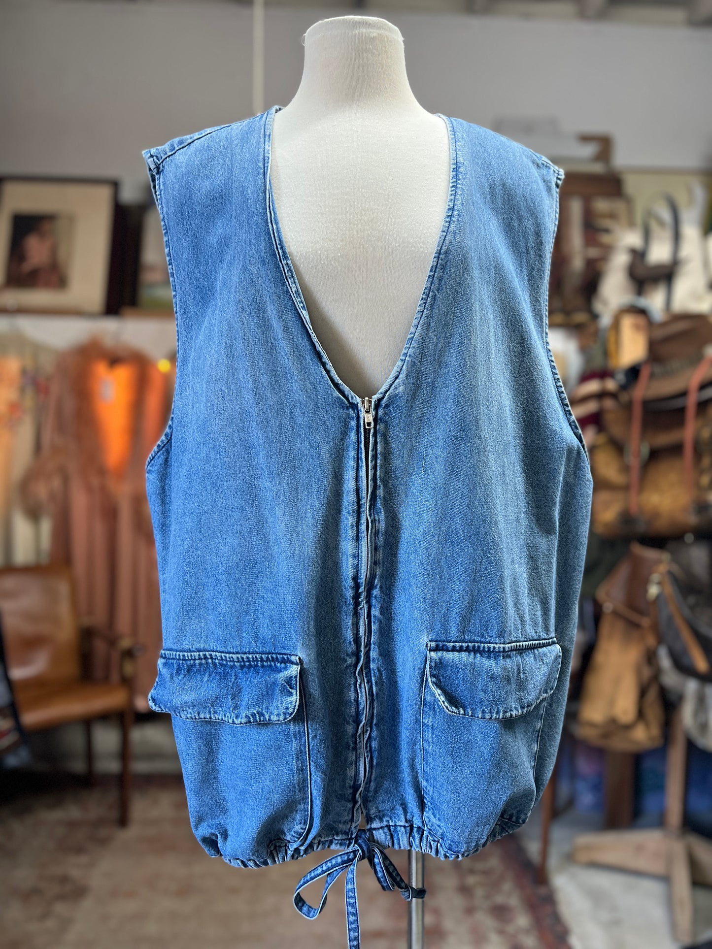 Vintage 80’s Cherokee Oversized Denim Zip Front Utility Vest XXL