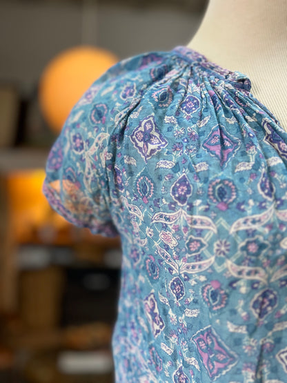 Rare Vintage 70’s India Gauze Block Print Cap Sleeve Top XS