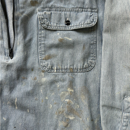Vintage Hickory Striped Quarter Zip Denim Work Shirt Heavily Distressed XL