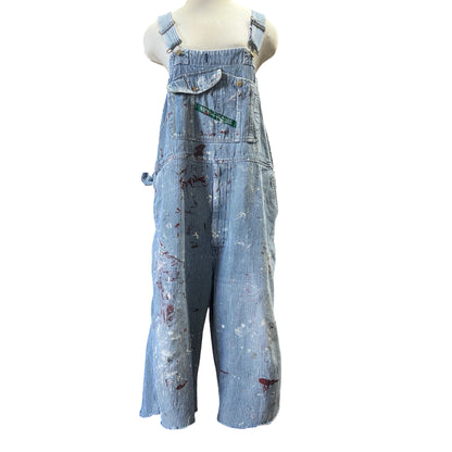 Vintage Heavily Distressed Key Engineer Striped Cropped Gaucho Overalls