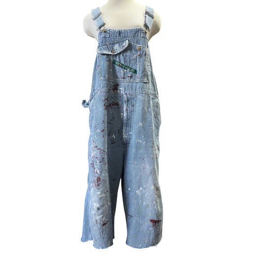 Vintage Heavily Distressed Key Engineer Striped Cropped Gaucho Overalls