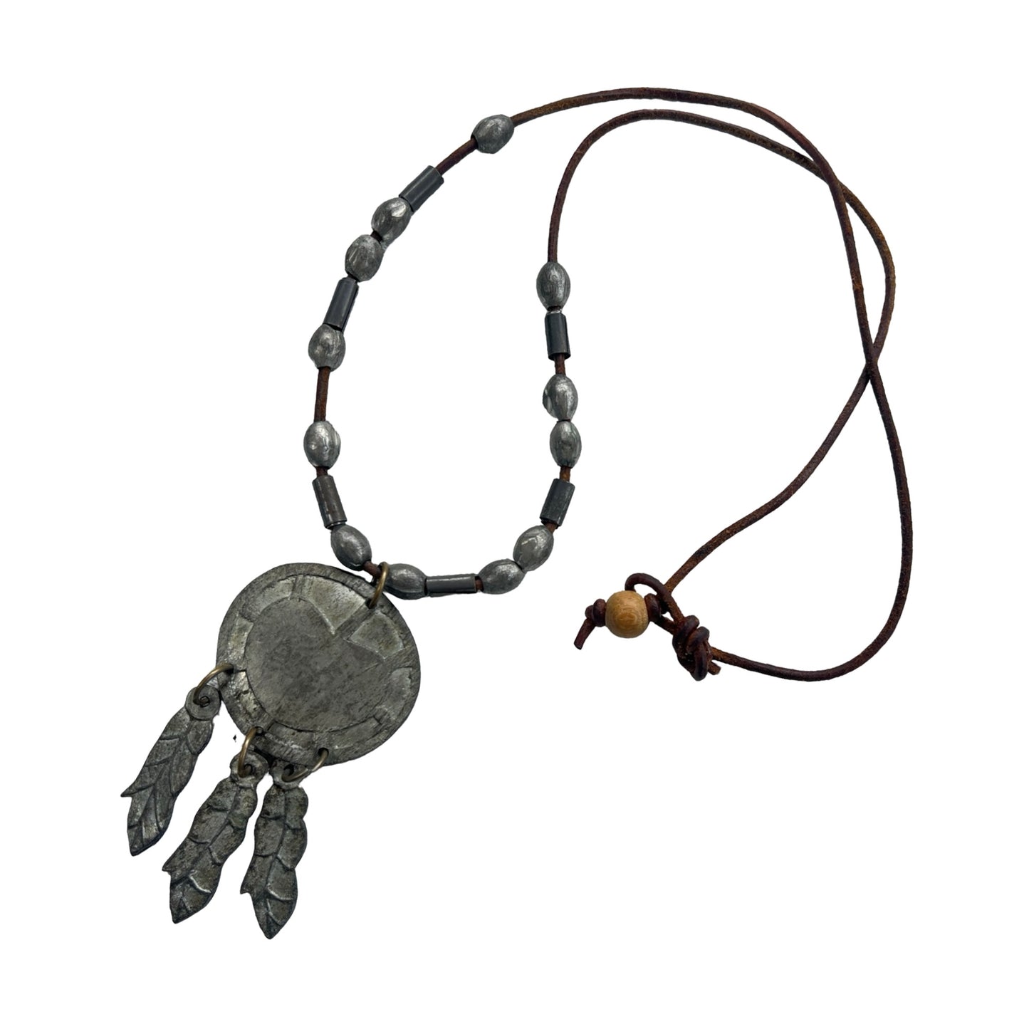 Vintage Navajo Silver & Leather Dream Catcher Necklace