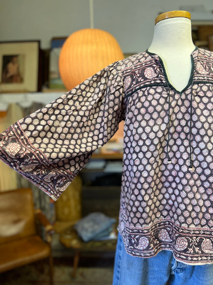 Vintage 70’s India Block Print 3/4 Bell Sleeve Cotton Blouse Rare Colorway S/M