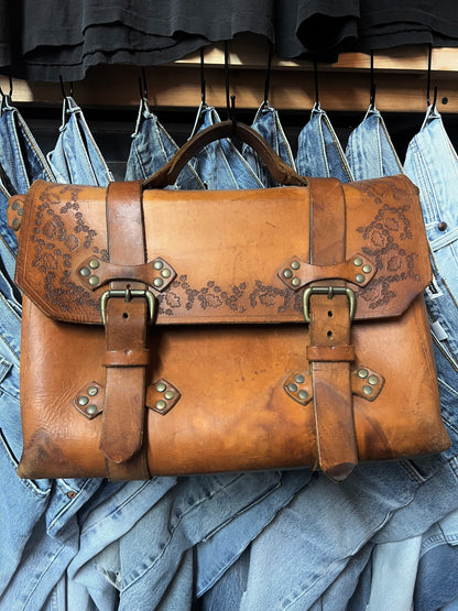 Vintage 70’s Handmade Tooled Leather Messenger Briefcase Brass Hardware