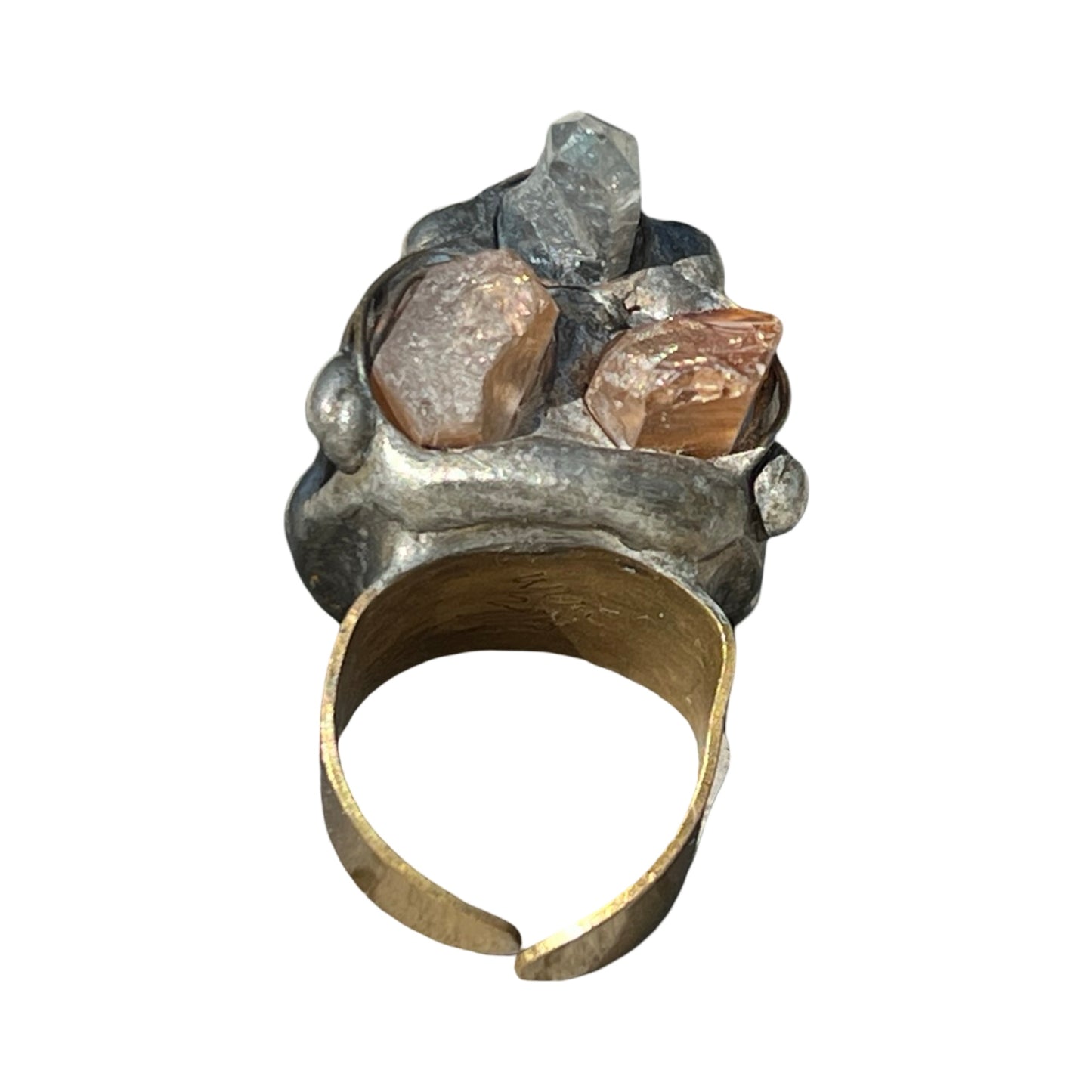 Signed Mikal Winn 2013 Three Crystal Mixed Metal Brutalist Ring Adjustable