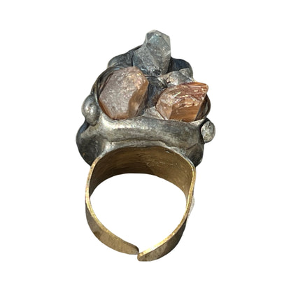 Signed Mikal Winn 2013 Three Crystal Mixed Metal Brutalist Ring Adjustable