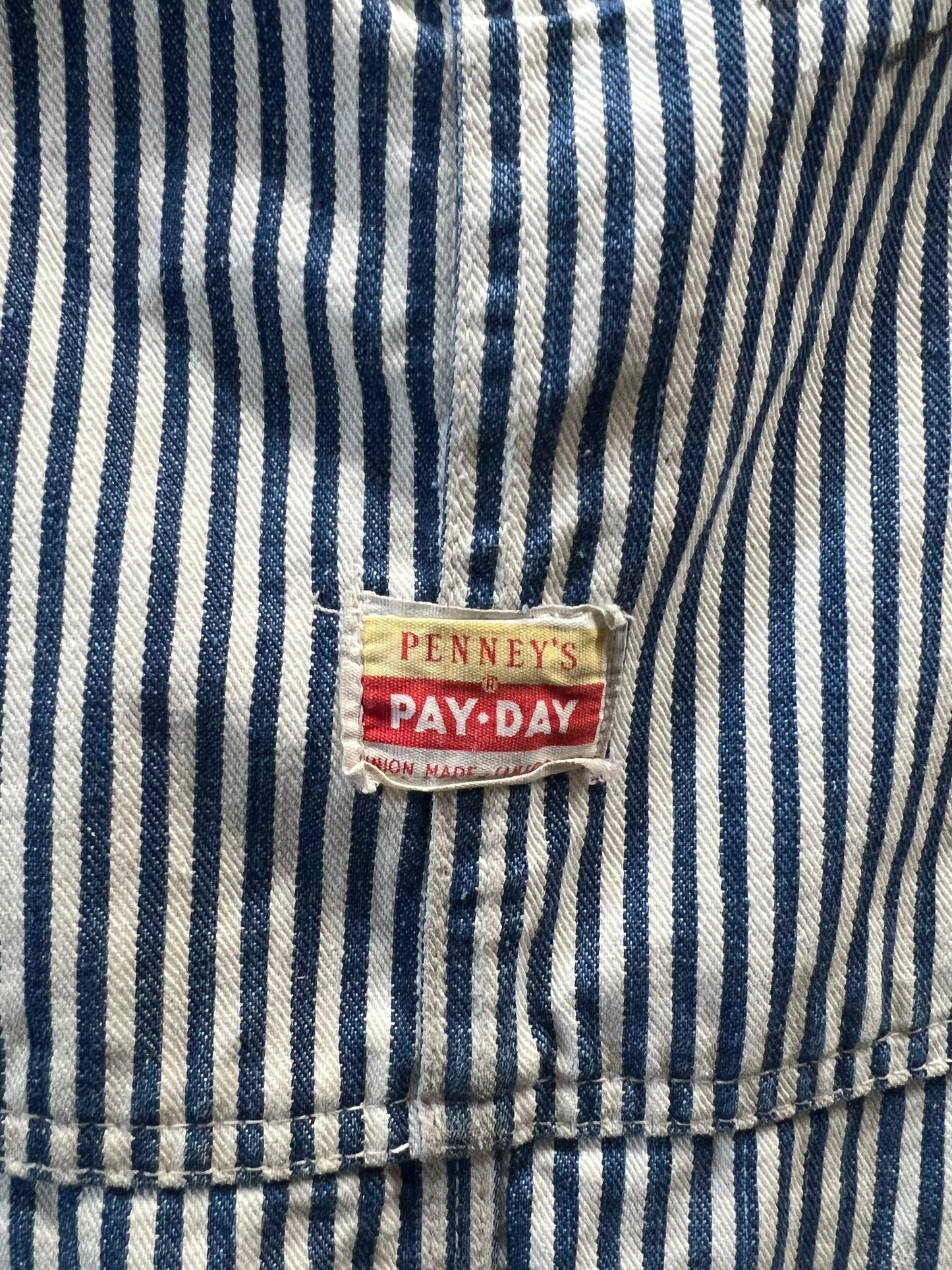 Very Rare Vintage 1940’s/50's Distressed Pay Day Square Bak Union Made Sanforized Sail Cloth Hickory Striped Apron Bib Overalls