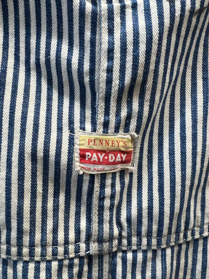 Very Rare Vintage 1940’s/50's Distressed Pay Day Square Bak Union Made Sanforized Sail Cloth Hickory Striped Apron Bib Overalls