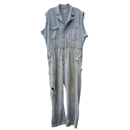 Vintage 1960’s Big Ben Herringbone Twill Heavily Distressed Cut Sleeve Sanforized Denim Jumpsuit 42