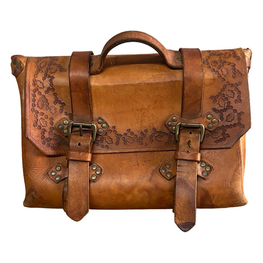 Vintage 70’s Handmade Tooled Leather Messenger Briefcase Brass Hardware
