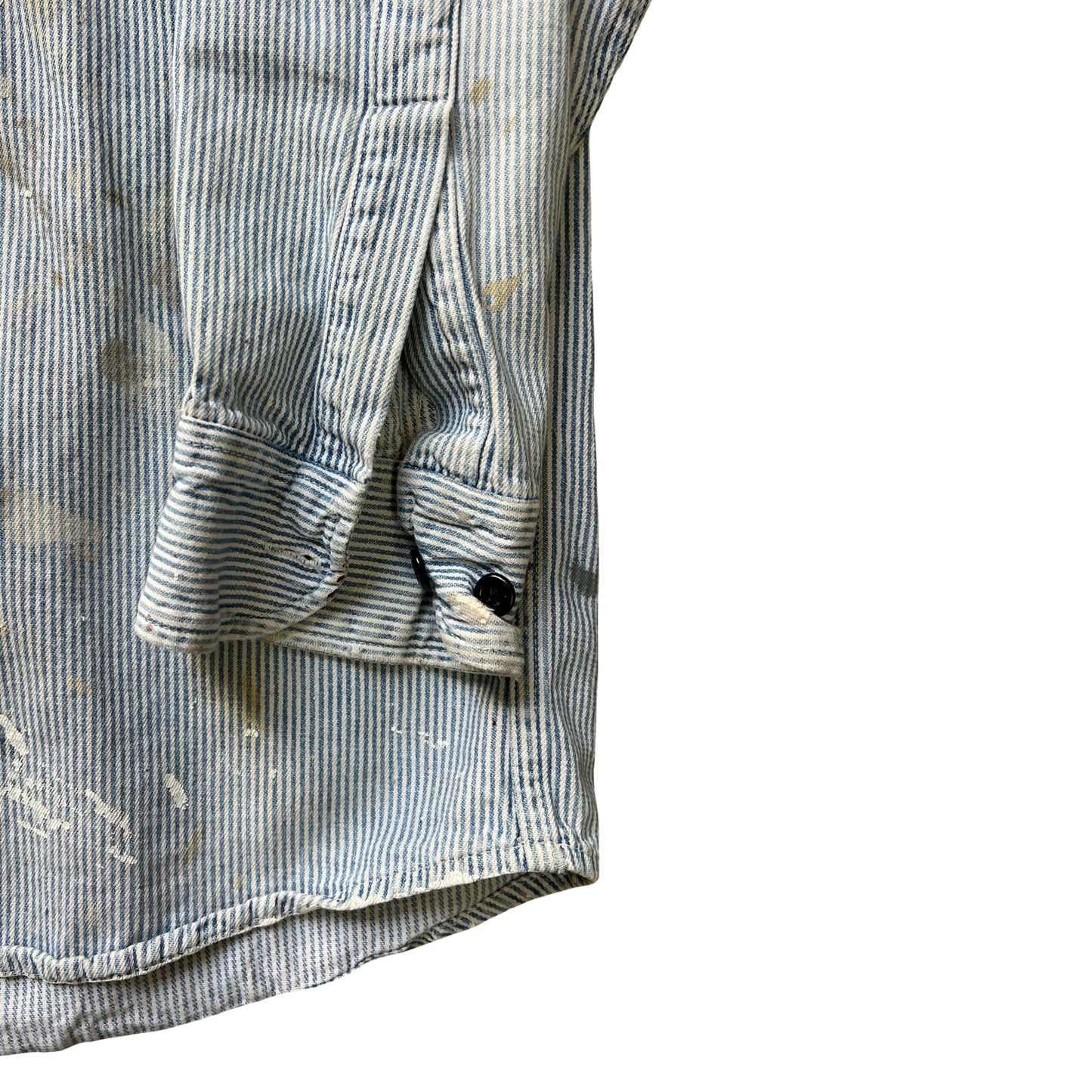 Vintage Hickory Striped Quarter Zip Denim Work Shirt Heavily Distressed XL