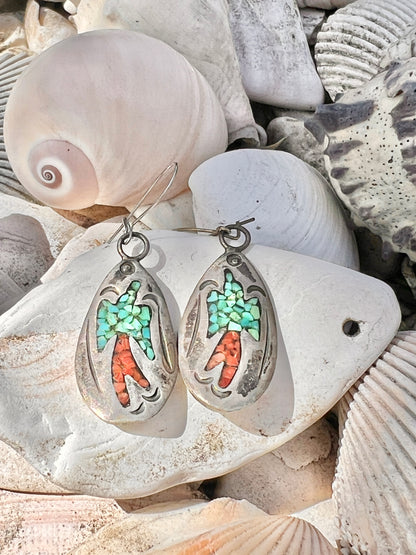Vintage 1970’s Willie Nezzie Navajo Signed Sterling Inlay Peyote Bird Earrings